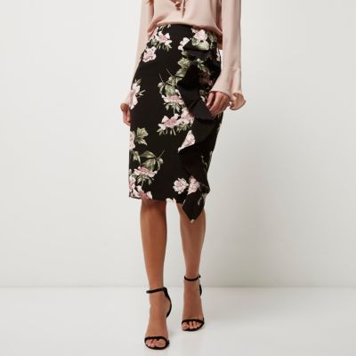Black floral print frill pencil skirt